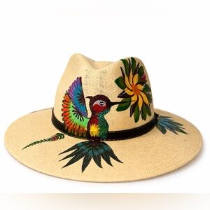 Hand Painted Mexican Straw Hat – Hummingbird Design – Artisan Handmade Boho Hat